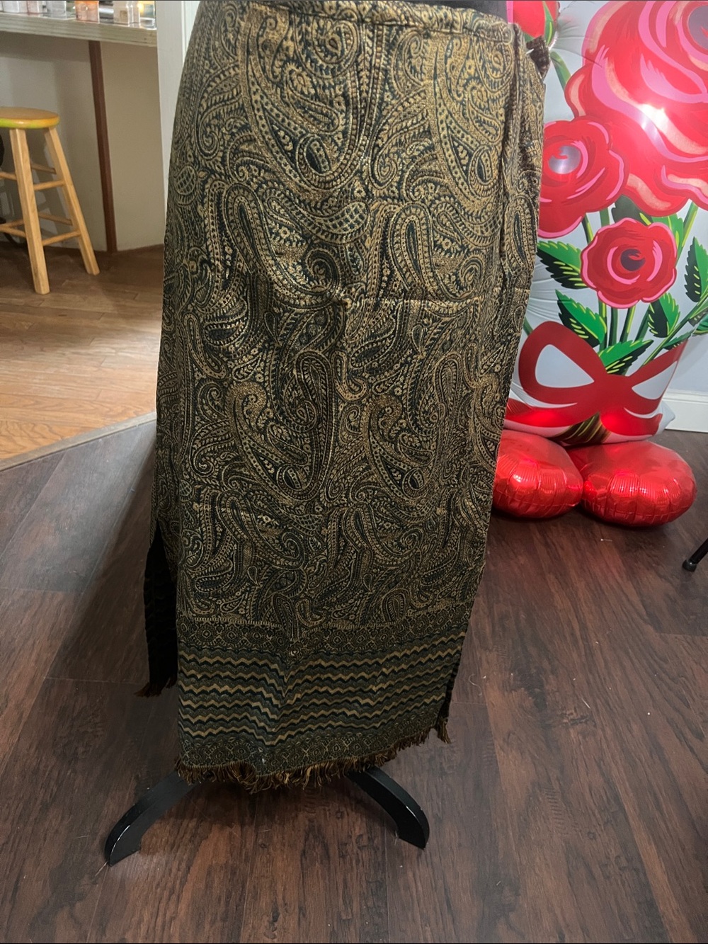 Paisley Fringe Wrap Skirt in Black and Gold